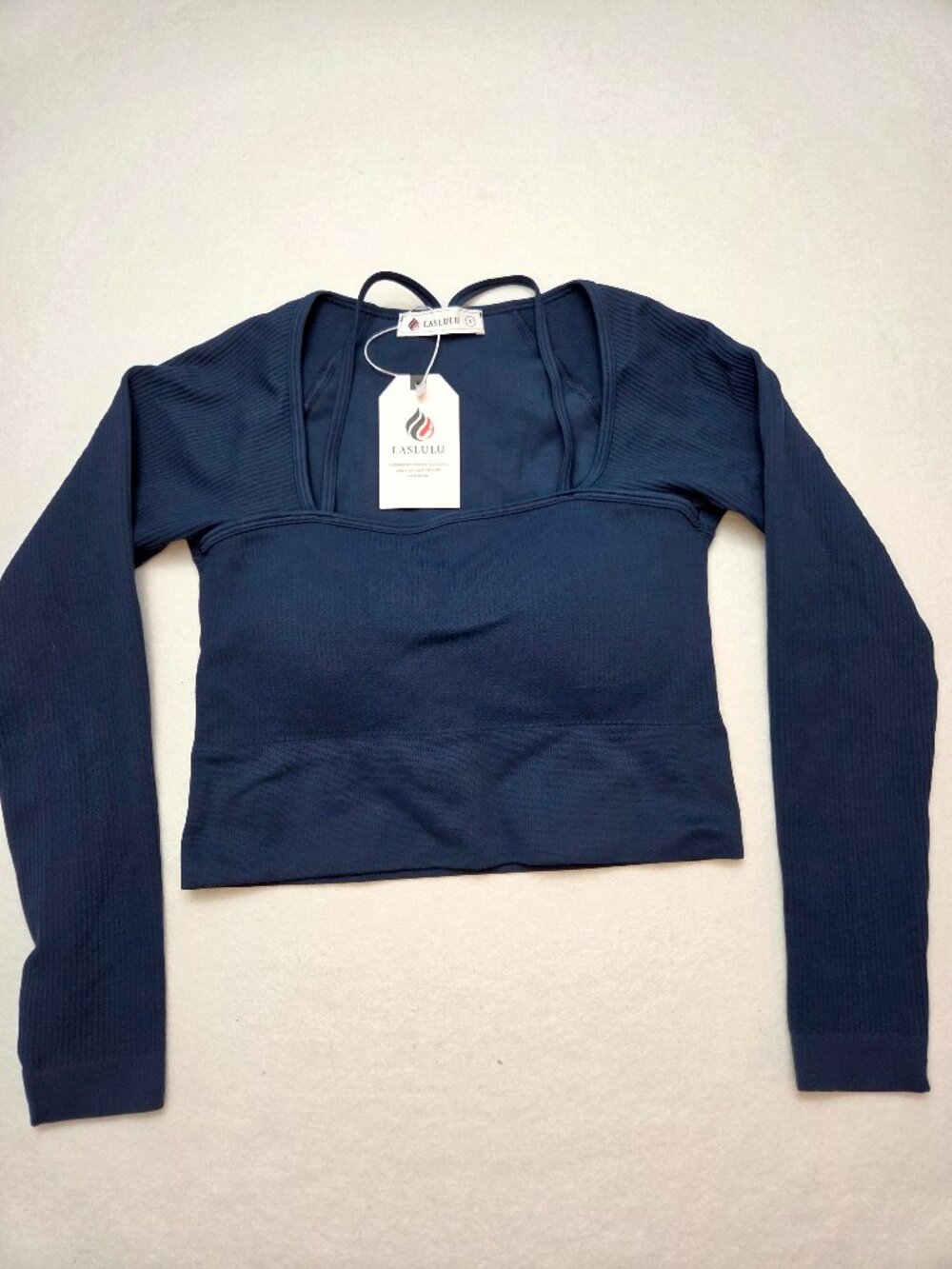LASLULU Women's Navy Blue Ribbed Square Neck Long Sleeve Crop Top Size S NWT